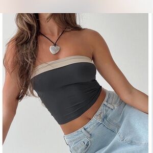 Women's Gray and Cream Strapless Top